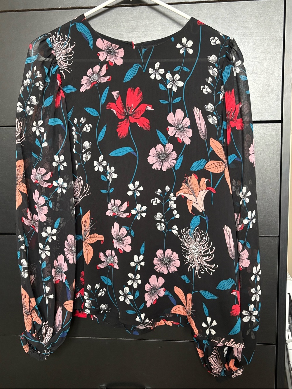 Floral Long-Sleeve Blouse - Black with Multi-Color Floral Print